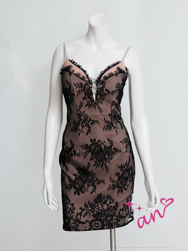 キャバドレス an キャミソール バストカット レースアップ シースルー フラワーレース リボン タイトミニドレス
