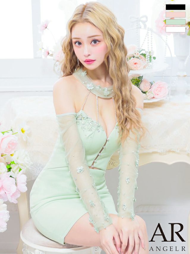 キャバドレス Angel R セクシー ホルターネック 肩あき 長袖 シースルースリーブ ウエストカット フラワーモチーフ ビジュー タイトミニドレス