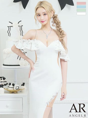 キャバドレス Angel R セクシー フリル 肩あき Vカット スリット パール フラワー刺繍 くびれ透け タイトロングドレス
