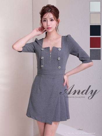 キャバドレス フレアミニドレス Andy アンディ リボン プリーツ 袖あり ジップデザイン 飾りボタン カットデザイン スクエアネック