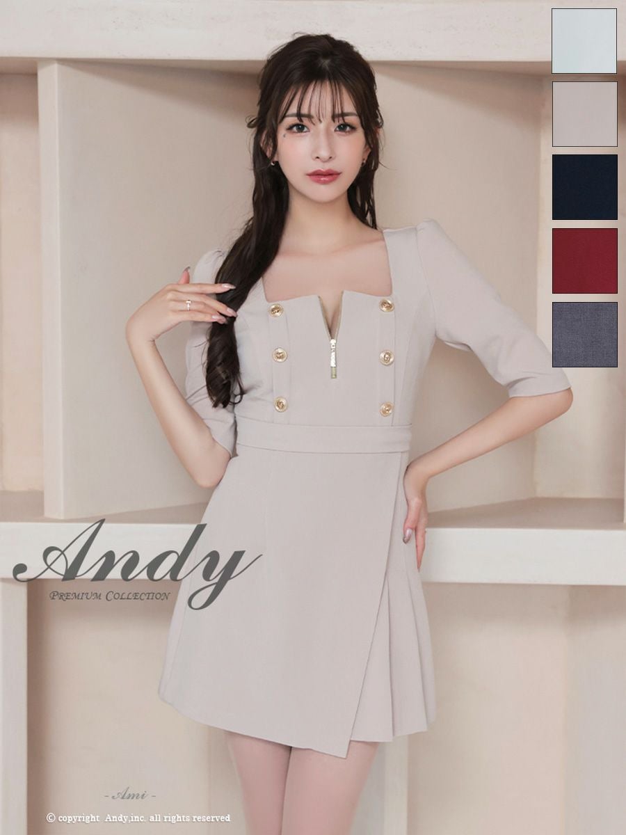 キャバドレス フレアミニドレス Andy アンディ プリーツ リボン 袖あり ジップデザイン 飾りボタン カットデザイン スクエアネック