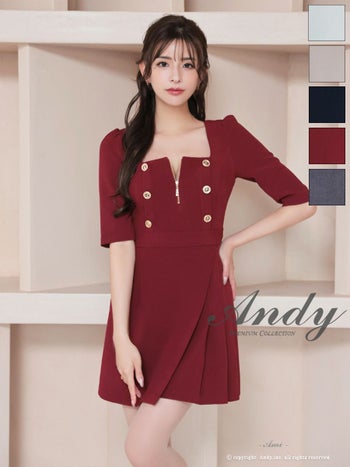 キャバドレス フレアミニドレス Andy アンディ ジップデザイン 袖あり プリーツ リボン 飾りボタン カットデザイン スクエアネック