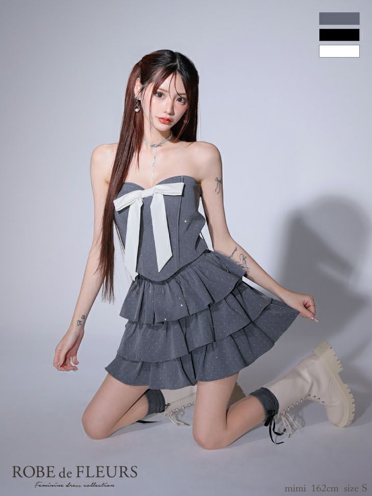 キャバドレス ローブドフルール ガーリー ベアトップ ビッグリボン ドット柄 スタッズ レースアップ ティアード セットアップ フレアミニドレス