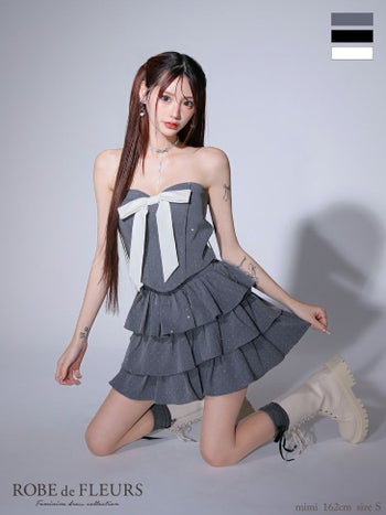 キャバドレス ローブドフルール ガーリー ベアトップ ビッグリボン ドット柄 スタッズ レースアップ ティアード セットアップ フレアミニドレス