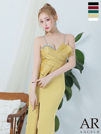 キャバドレス ブランド オープンバスト フロントビジュー サテン スリット セクシー ベアトップ タイトロングドレス