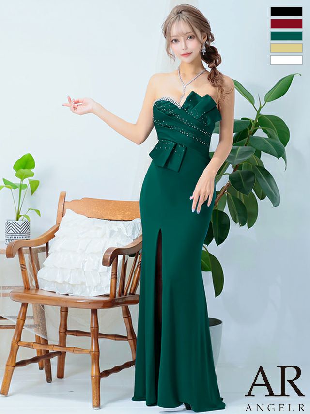 キャバドレス ブランド フロントビジュー サテン スリット セクシー ベアトップ オープンバスト タイトロングドレス