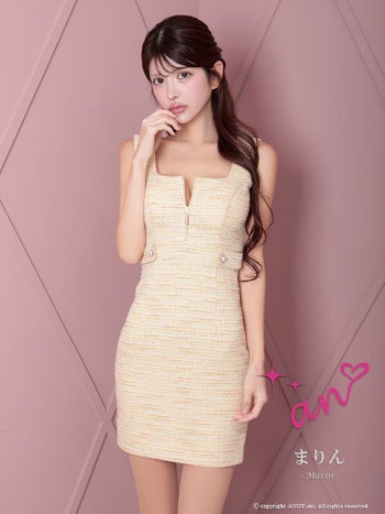 キャバドレス an ガーリー ジップデザイン ツイード ノースリーブ スクエアネック ウエストマーク パールボタン タイトミニドレス