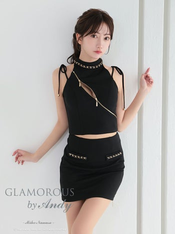 キャバドレス GLAMOROUS グラマラス ノースリーブ 谷間 ジップデザイン チェーン リボン セットアップ タイトミニドレス