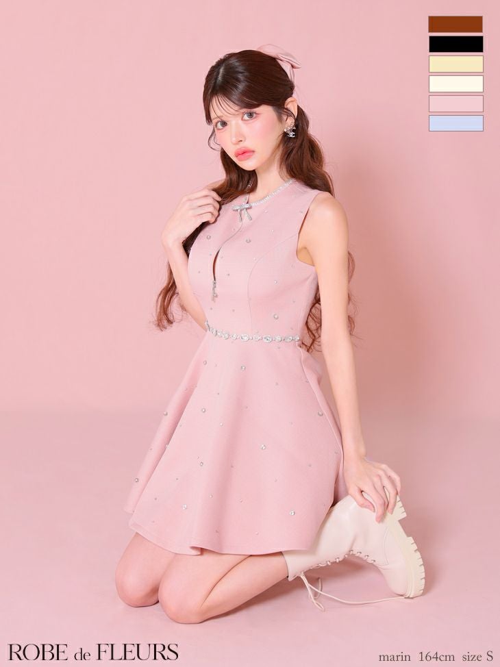 キャバドレス ROBEdeFLEURS ローブドフルール ノースリーブ リボンビジュー サマーツイード ガーリー ジップデザイン フレアミニドレス