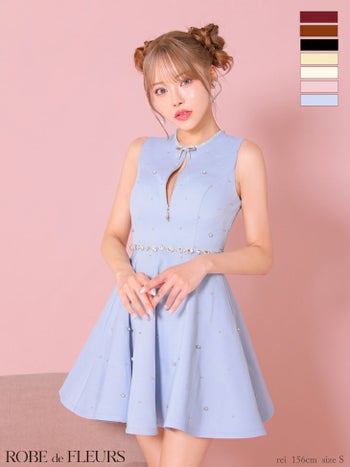 キャバドレス ROBEdeFLEURS ローブドフルール リボンビジュー サマーツイード ガーリー ジップデザイン ノースリーブ フレアミニドレス