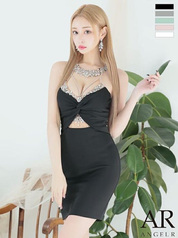 キャバドレス Angel R エンジェルアール ビジュー ウエストカット セクシー ホルターネック バストクロス タイトミニドレス