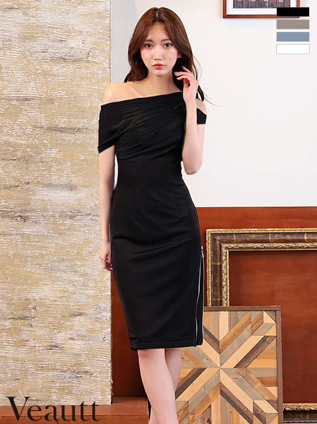 キャバドレス Veautt ヴュート 長袖 ショルダーカット アシンメトリー ジップデザイン セクシー ワンショルダー 2way 膝丈ドレス