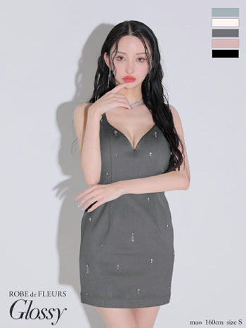 キャバドレス Glossy by ROBE de FLEURS グロッシー キャミソール ビジューホルター セクシー オープンバスト タイトミニドレス