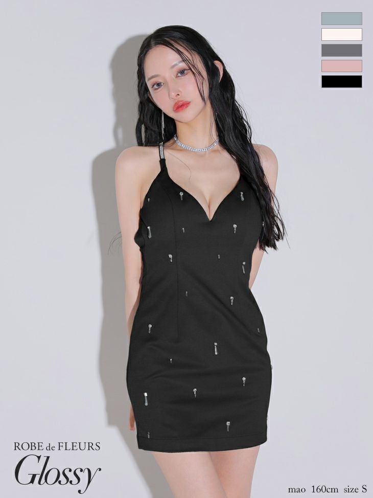 キャバドレス Glossy by ROBE de FLEURS グロッシー オープンバスト セクシー キャミソール ビジューホルター タイトミニドレス