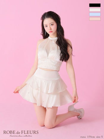 キャバドレス ROBEdeFLEURS ローブドフルール バストカット ホルターネック サテン ビジュー ティアード セットアップ ガーリー フレアミニドレス