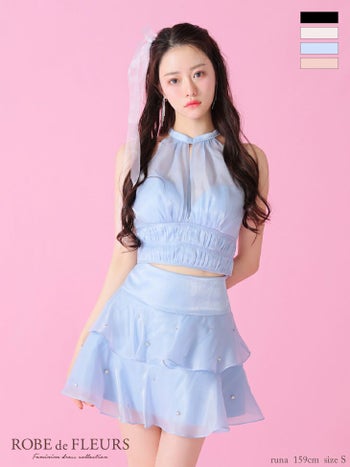 キャバドレス ROBEdeFLEURS ローブドフルール ホルターネック サテン ビジュー ティアード セットアップ ガーリー バストカット フレアミニドレス