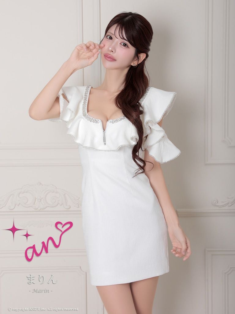 キャバドレス an ガーリー 肩あき ジップデザイン ラメ ライン ビジュー フリル タイトミニドレス