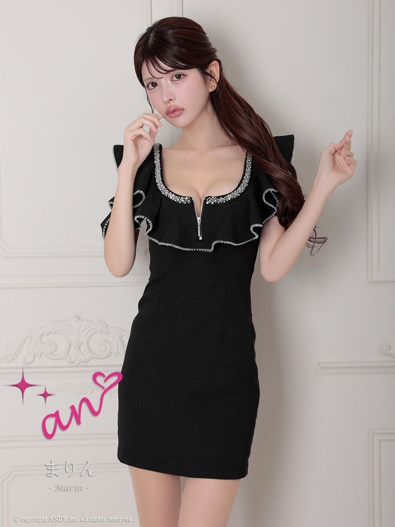 キャバドレス an ガーリー ジップデザイン 肩あき ラメ ライン ビジュー フリル タイトミニドレス