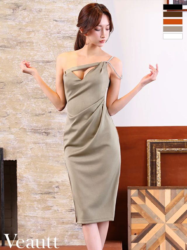 キャバドレス Veautt ヴュート ワンショルダー ビジュー バストカット ウエストタック ジップデザイン セクシー 膝丈ドレス