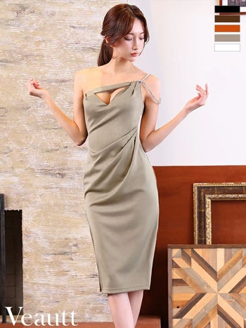 キャバドレス Veautt ヴュート ワンショルダー ビジュー バストカット ウエストタック ジップデザイン セクシー 膝丈ドレス
