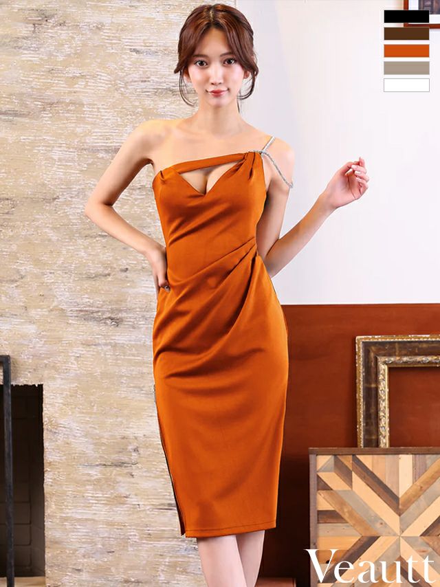 キャバドレス Veautt ヴュート ビジュー バストカット ウエストタック ジップデザイン セクシー ワンショルダー 膝丈ドレス