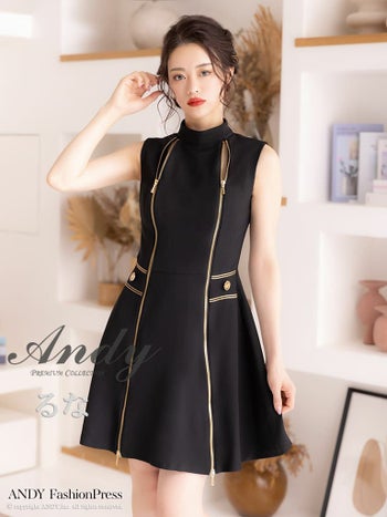 キャバドレス Andy ガーリー バイカラー ノースリーブ ハイネック ダブル ジップデザイン 飾りボタン フレアミニドレス
