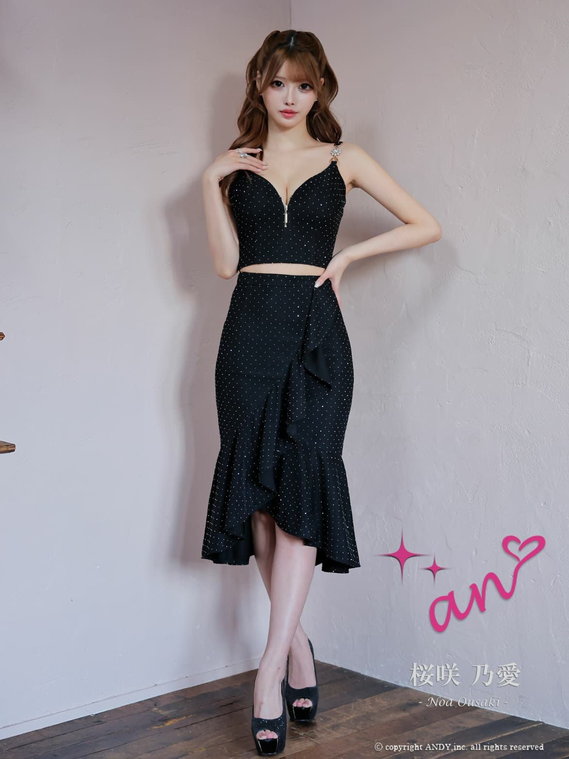 キャバドレス an セクシー ジップデザイン チャーム ドット柄 裾フリル ノースリーブ セットアップ ロングテールドレス
