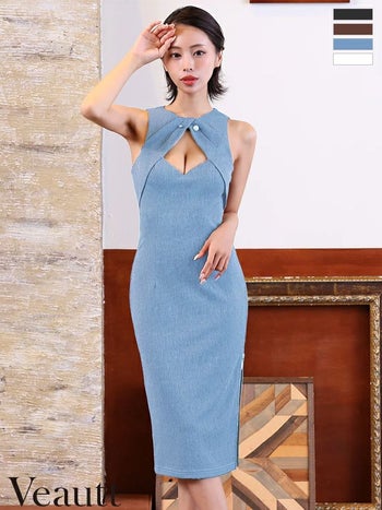 キャバドレス Veautt ヴュート ノースリーブ パールピン ジップデザイン セクシー バストカット 膝丈ドレス