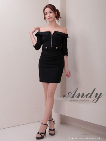 キャバドレス Andy セクシー 袖あり オフショルダー ウエストマーク ボタン ジップデザイン バックカット リボン タイトミニドレス