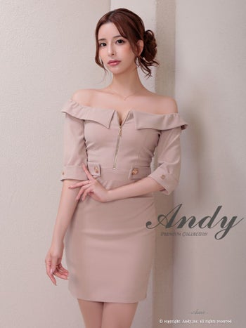 キャバドレス Andy セクシー オフショルダー 袖あり ウエストマーク ボタン ジップデザイン バックカット リボン タイトミニドレス