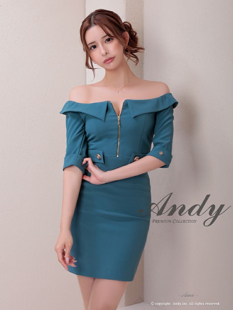 キャバドレス Andy セクシー オフショルダー ウエストマーク ボタン 袖あり ジップデザイン バックカット リボン タイトミニドレス