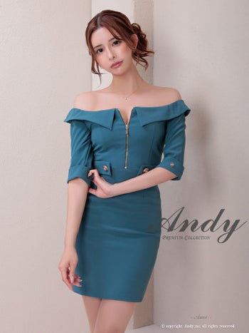 キャバドレス Andy セクシー オフショルダー ウエストマーク ボタン 袖あり ジップデザイン バックカット リボン タイトミニドレス