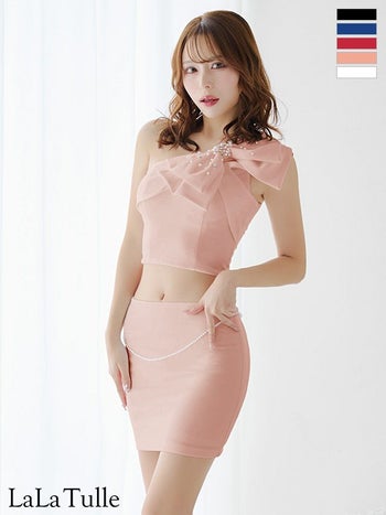 キャバドレス Angel R エンジェルアール ワンショルダー ガーリー パール チェーン ビッグリボン セットアップ タイトミニドレス