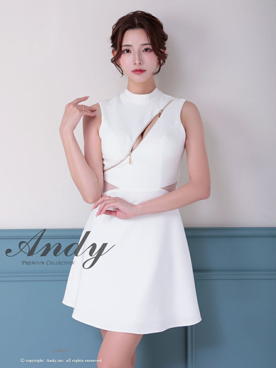 キャバドレス Andy セクシー バックカット リボン ノースリーブ ハイネック くびれ透け ジップデザイン フレアミニドレス