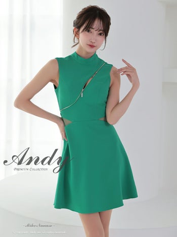 キャバドレス Andy セクシー バックカット リボン ハイネック ノースリーブ くびれ透け ジップデザイン フレアミニドレス