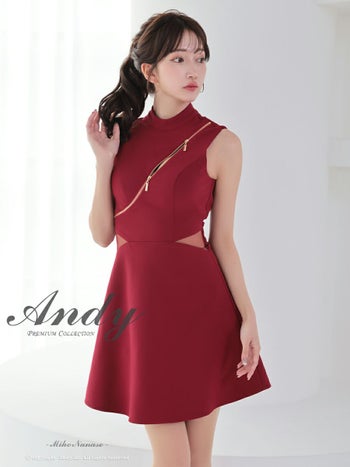 キャバドレスAndy セクシー バックカット リボン ハイネック くびれ透け ノースリーブ ジップデザイン フレアミニドレス