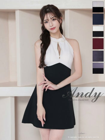 キャバドレス フレアミニドレス Andy アンディ  ホルターネック バックカット リボン ハイネック バイカラー ジップデザイン ビジュー
