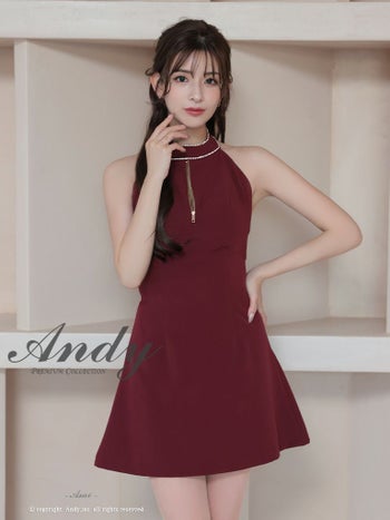キャバドレス フレアミニドレス Andy アンディ バイカラー バックカット リボン ハイネック ホルターネック ジップデザイン ビジュー 