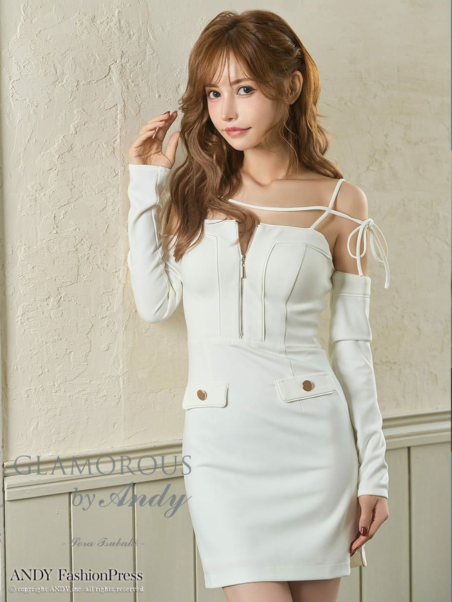 キャバドレス GLAMOROUS セクシー 長袖 肩あき リボン ポケット バイカラー ジップデザイン タイトミニドレス