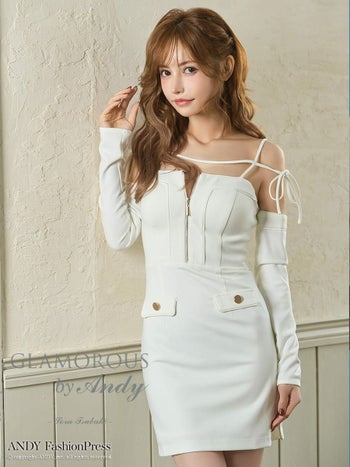 キャバドレス GLAMOROUS セクシー 長袖 肩あき リボン ポケット バイカラー ジップデザイン タイトミニドレス