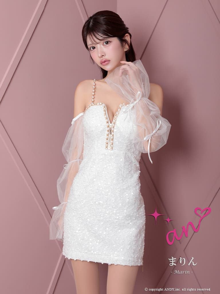 キャバドレス an ガーリー ジップデザイン 肩あき 長袖 スパンコール シフォンスリーブ リボン チェーン タイトミニドレス