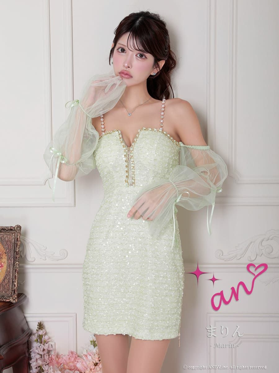 キャバドレス an ガーリー ジップデザイン 長袖 肩あき スパンコール シフォンスリーブ リボン チェーン タイトミニドレス