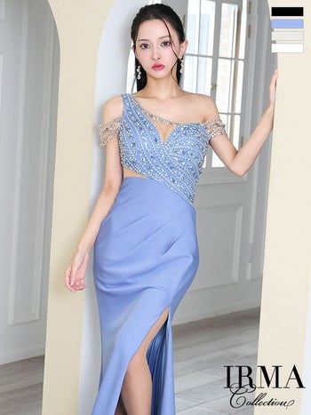 キャバドレス IRMA イルマ セクシー バストシースル ワンショルダー タック スリット ビジュー タイトロングドレス