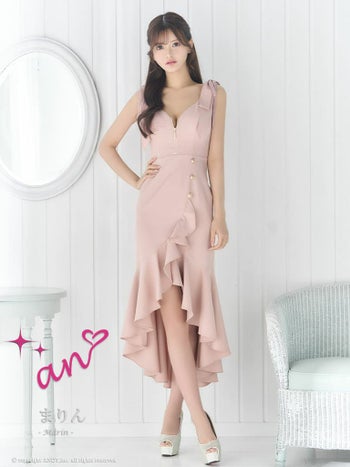 キャバドレス an セクシー ショルダーリボン ジップデザイン 裾フリル ノースリーブ ロングテールドレス