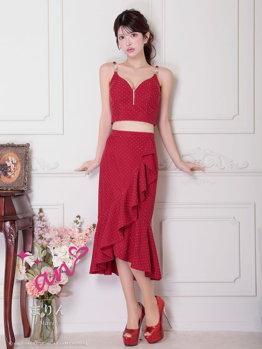 キャバドレス an セクシー チャーム ジップデザイン ドット柄 裾フリル ノースリーブ セットアップ ロングテールドレス