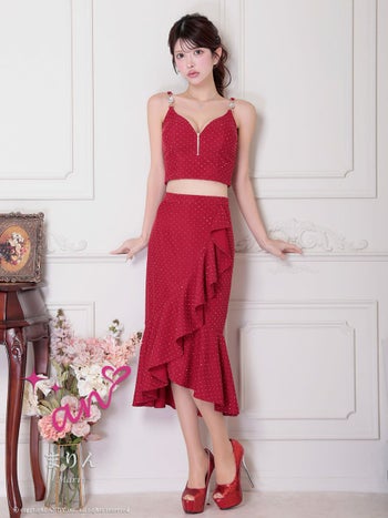 キャバドレス an セクシー チャーム ジップデザイン ドット柄 裾フリル ノースリーブ セットアップ ロングテールドレス