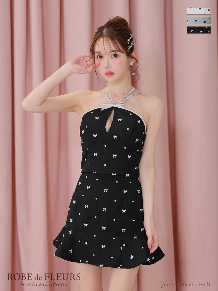 キャバドレス ROBEdeFLEURS ローブドフルール バストカット ガーリー セットアップ ホルターネック リボン柄 ドット柄 フレアミニドレス