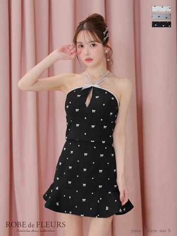 キャバドレス ROBEdeFLEURS ローブドフルール バストカット ガーリー セットアップ ホルターネック リボン柄 ドット柄 フレアミニドレス
