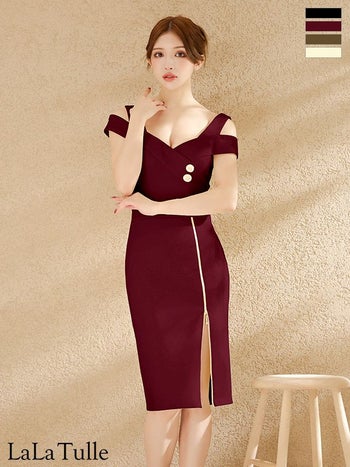 キャバドレス Veautt ヴュート ウエストマーク ボタン ジップデザイン ワンカラー 肩あき スリット セクシー 膝丈ドレス