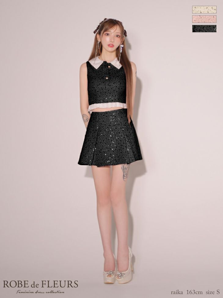 キャバドレス ROBEdeFLEURS ローブドフルール 襟つき ツイード プリーツ ガーリー ノースリーブ セットアップ スパンコール フレアミニドレス 